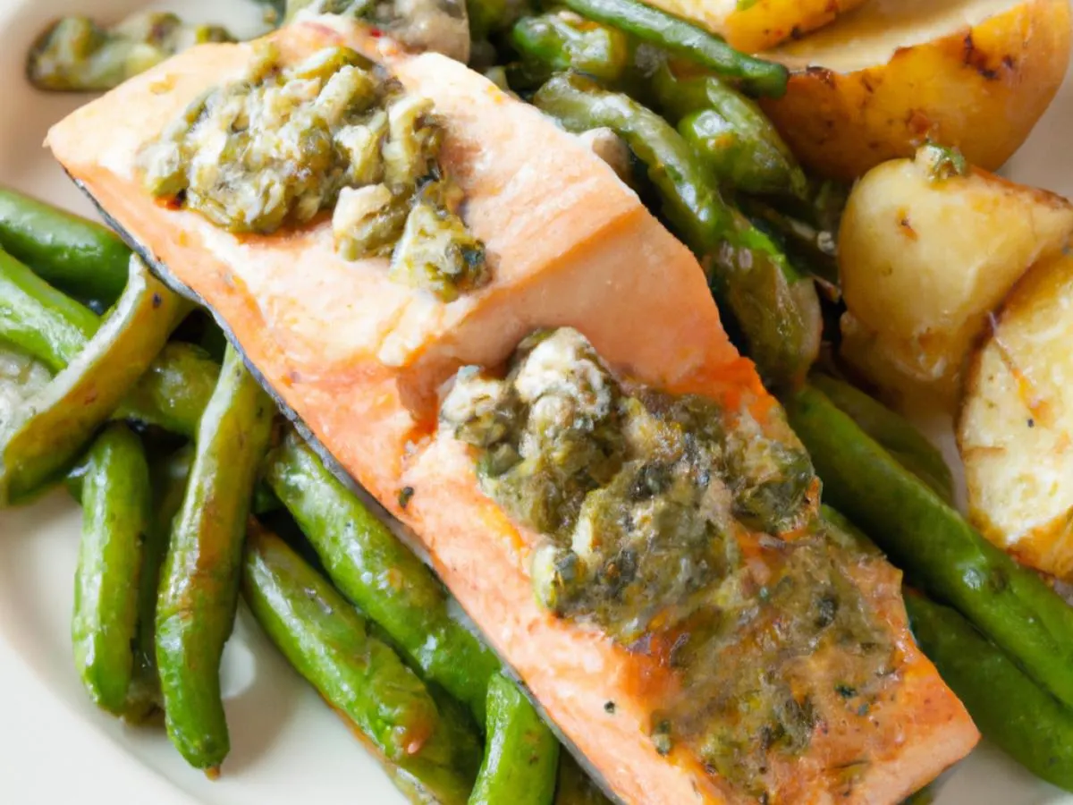 Creamy Pesto Salmon with Roasted Potatoes and Green Beans Creamy Pesto Salmon with Roasted Potatoes and Green Beans