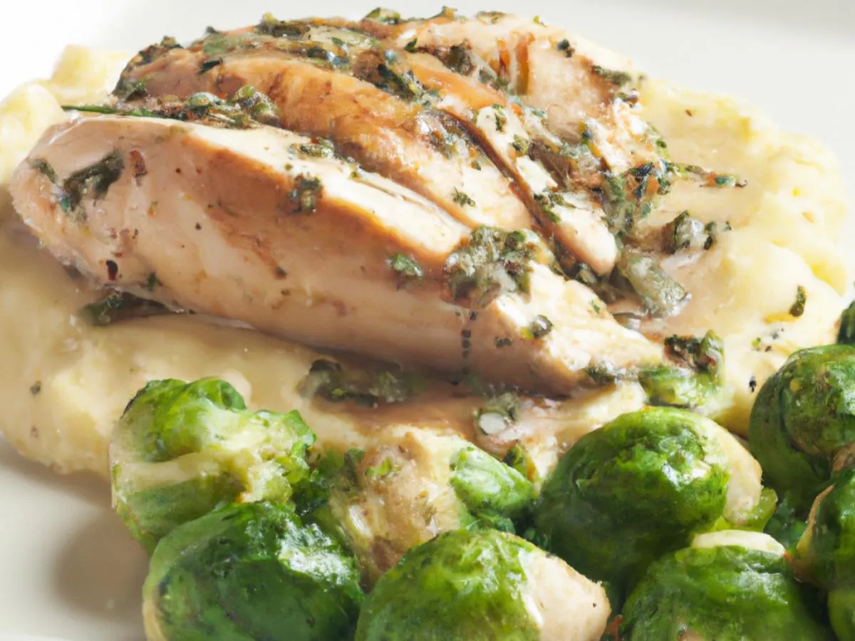 Creamy Pesto Chicken with Mashed Potato and Balsamic Brussel Sprouts Creamy Pesto Chicken with Mashed Potato and Balsamic Brussel Sprouts