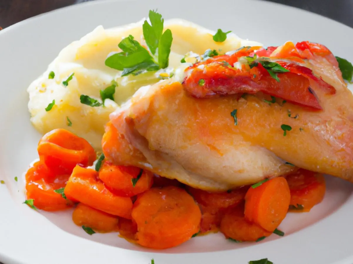 Tomato Confit Herb Roasted Chicken with Mashed Potato and Honey Roasted Carrots Tomato Confit Herb Roasted Chicken with Mashed Potato and Honey Roasted Carrots