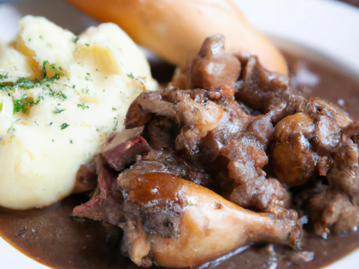 Classic Coq Au Vin, Mashed Potato and Sliced Baguette