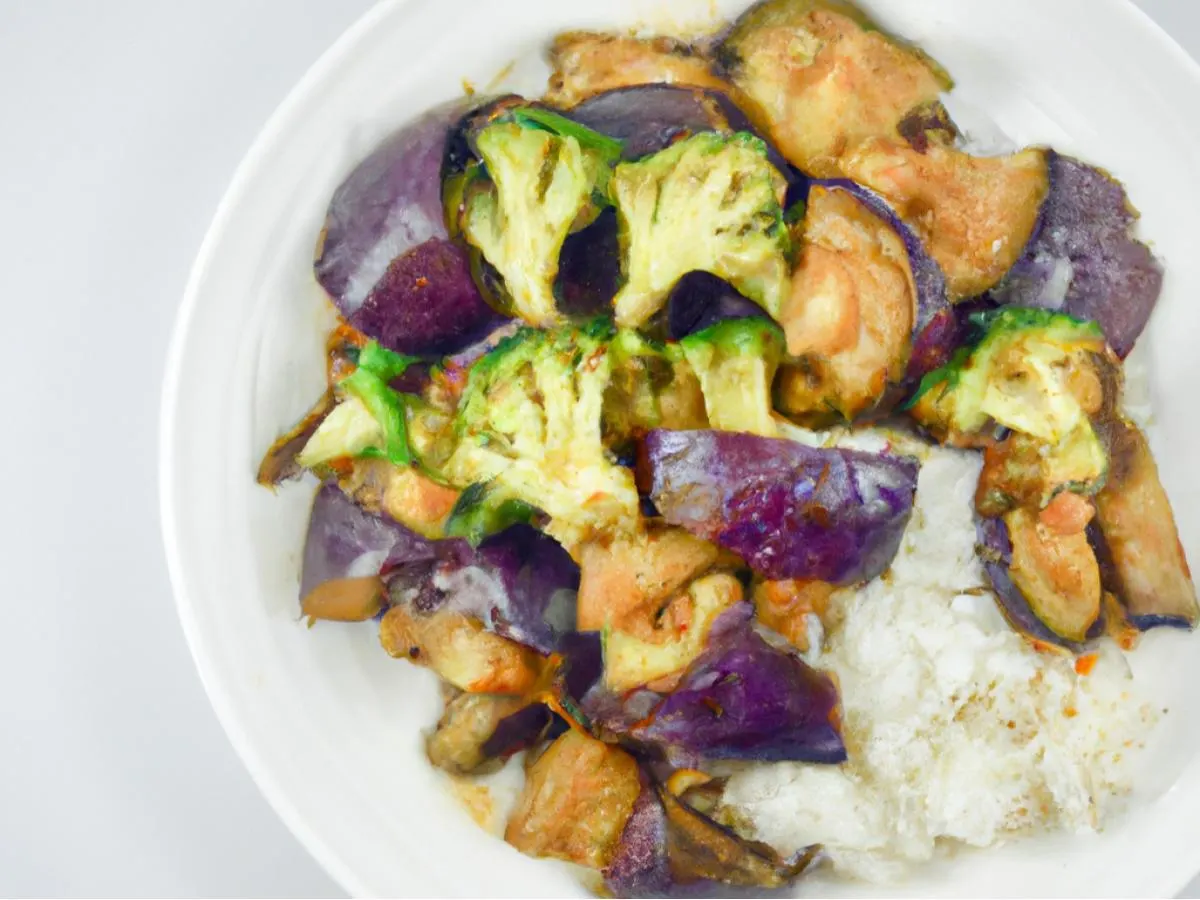 Allergen Free Eggplant Cauliflower Stir Fry with White Rice and Broccoli Allergen Free Eggplant Cauliflower Stir Fry with White Rice and Broccoli