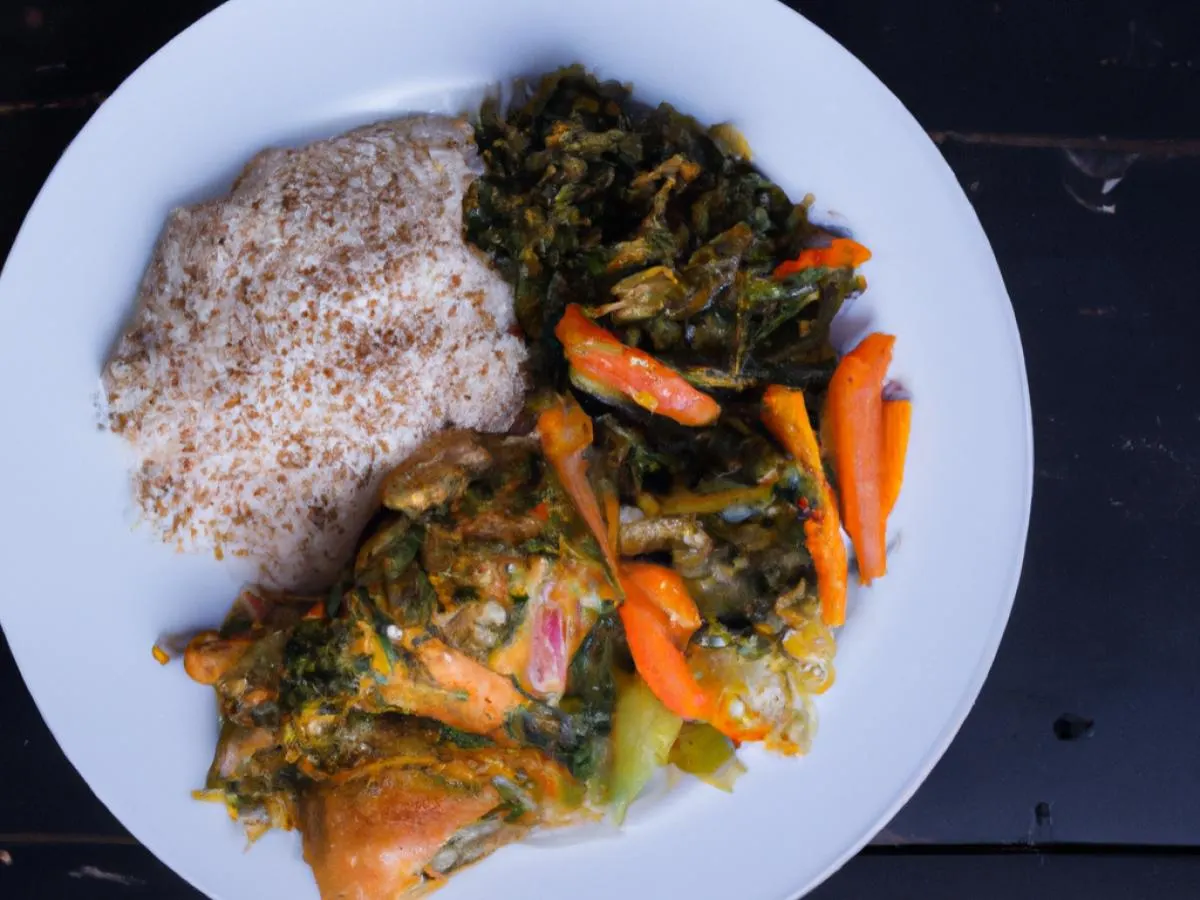 Chicken Makange with Seasoned Rice and Mixed Coconut Veggies Chicken Makange with Seasoned Rice and Mixed Coconut Veggies