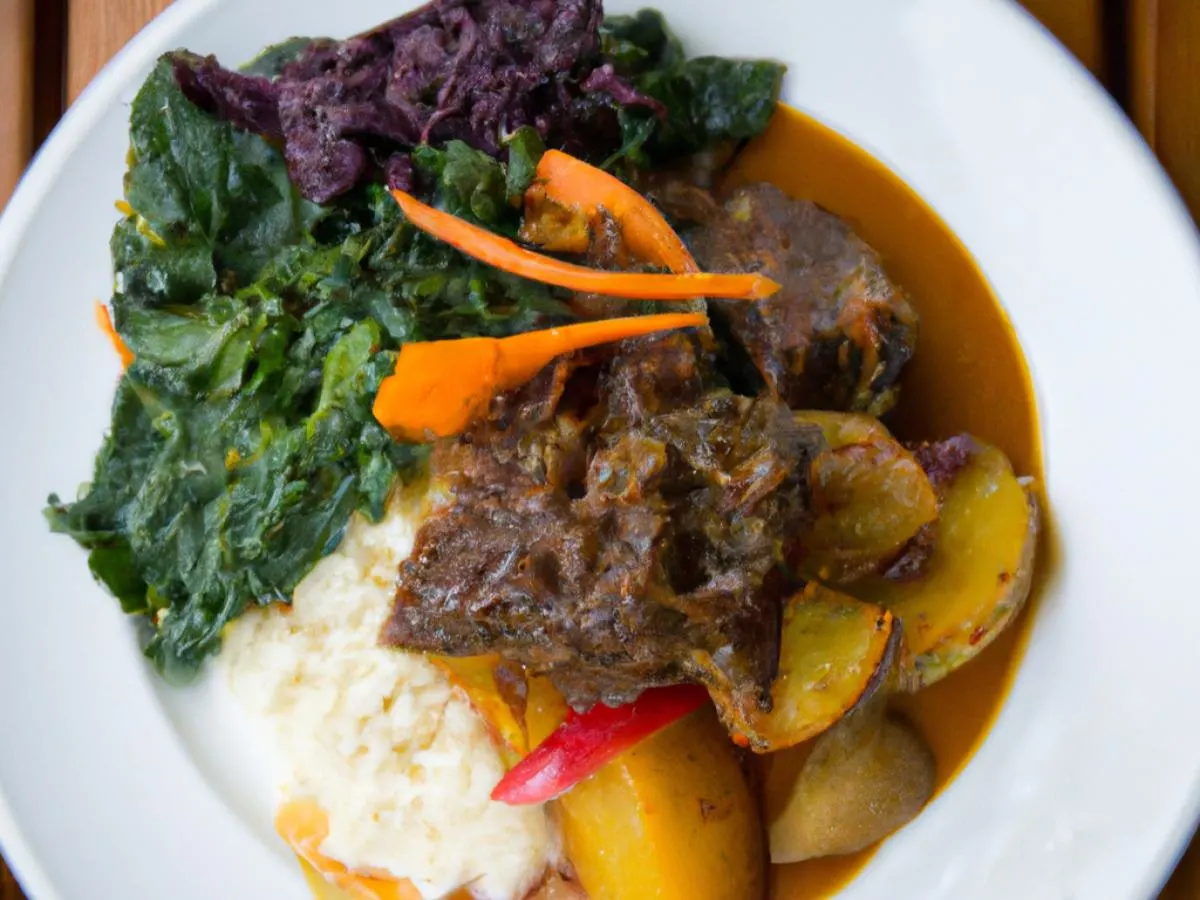 Potato Roast with Beef with Coconut Rice and Sauteed Greens Potato Roast with Beef with Coconut Rice and Sauteed Greens