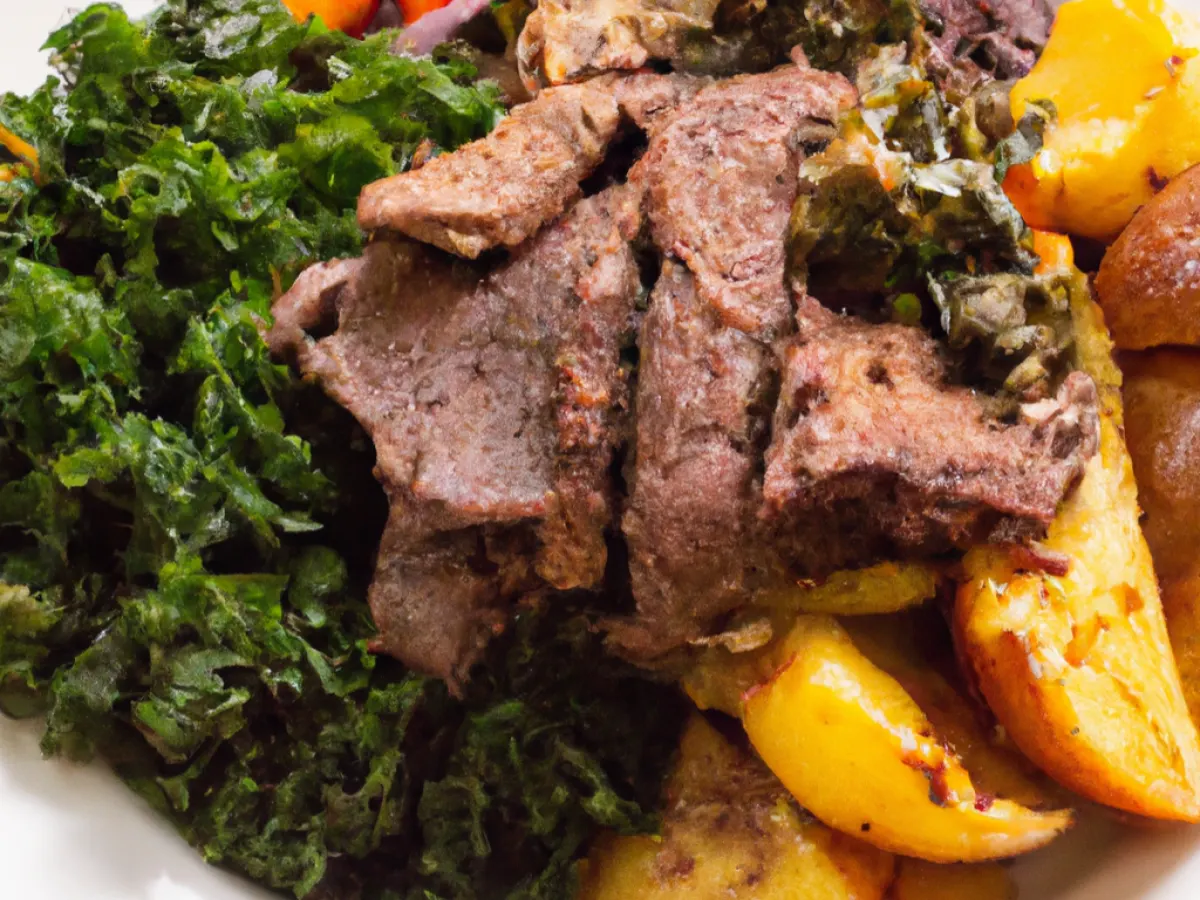 Potato Roast with Beef with Plantains and Sauteed Greens Potato Roast with Beef with Plantains and Sauteed Greens