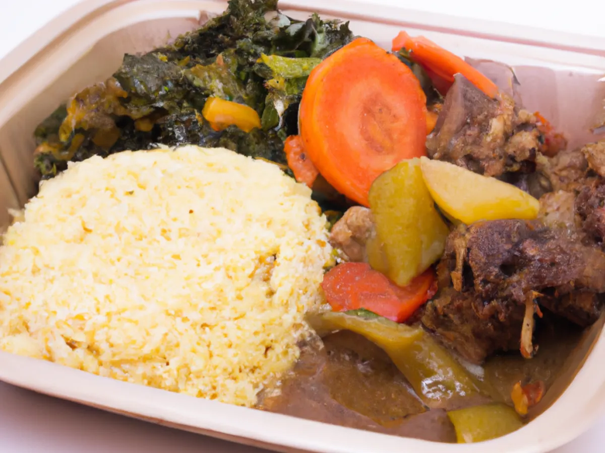 Goat Stew with Seasoned Rice and Mixed Coconut Veggies Goat Stew with Seasoned Rice and Mixed Coconut Veggies