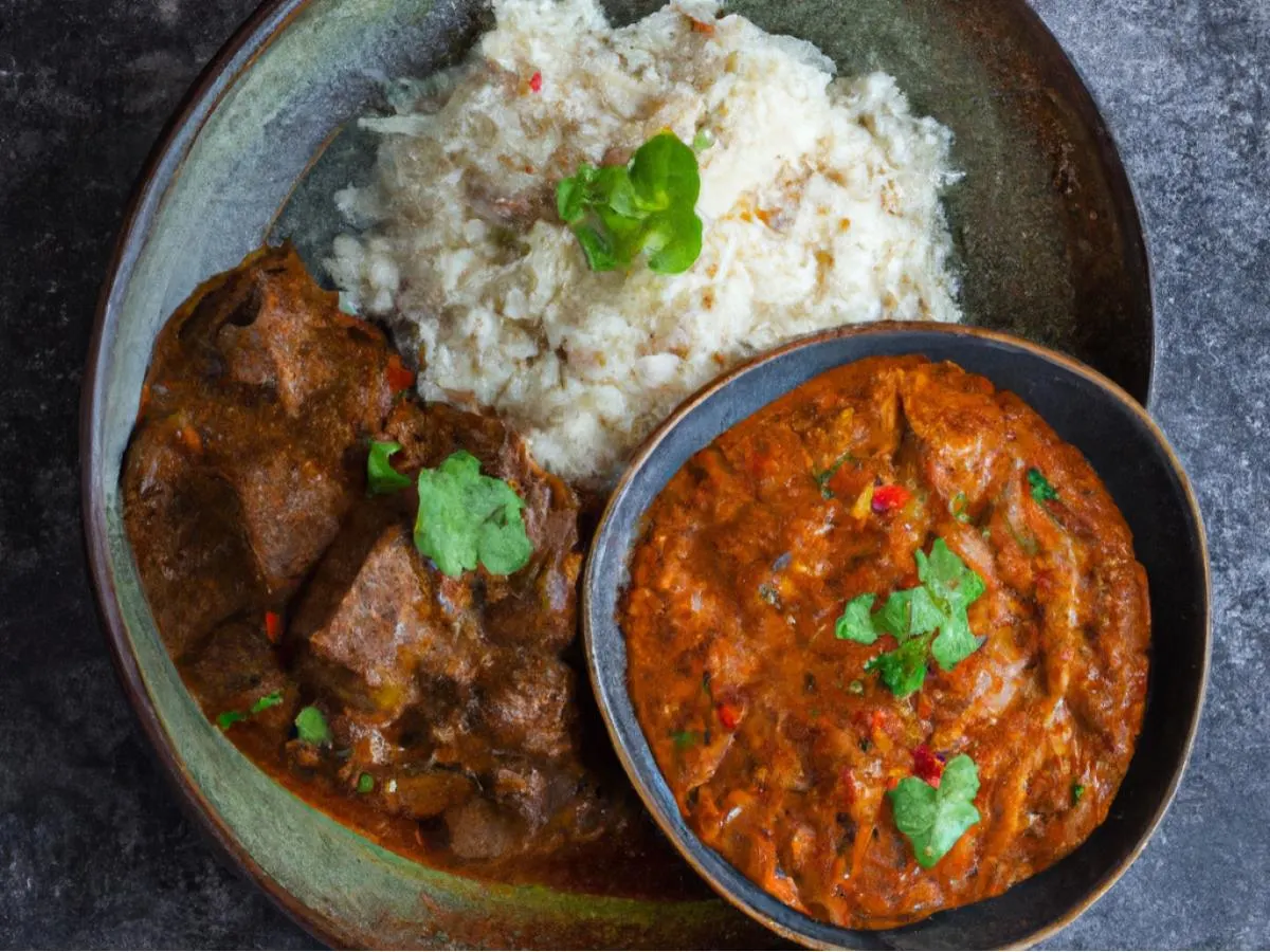 Goat Vindaloo With Rice and Veggie Korma