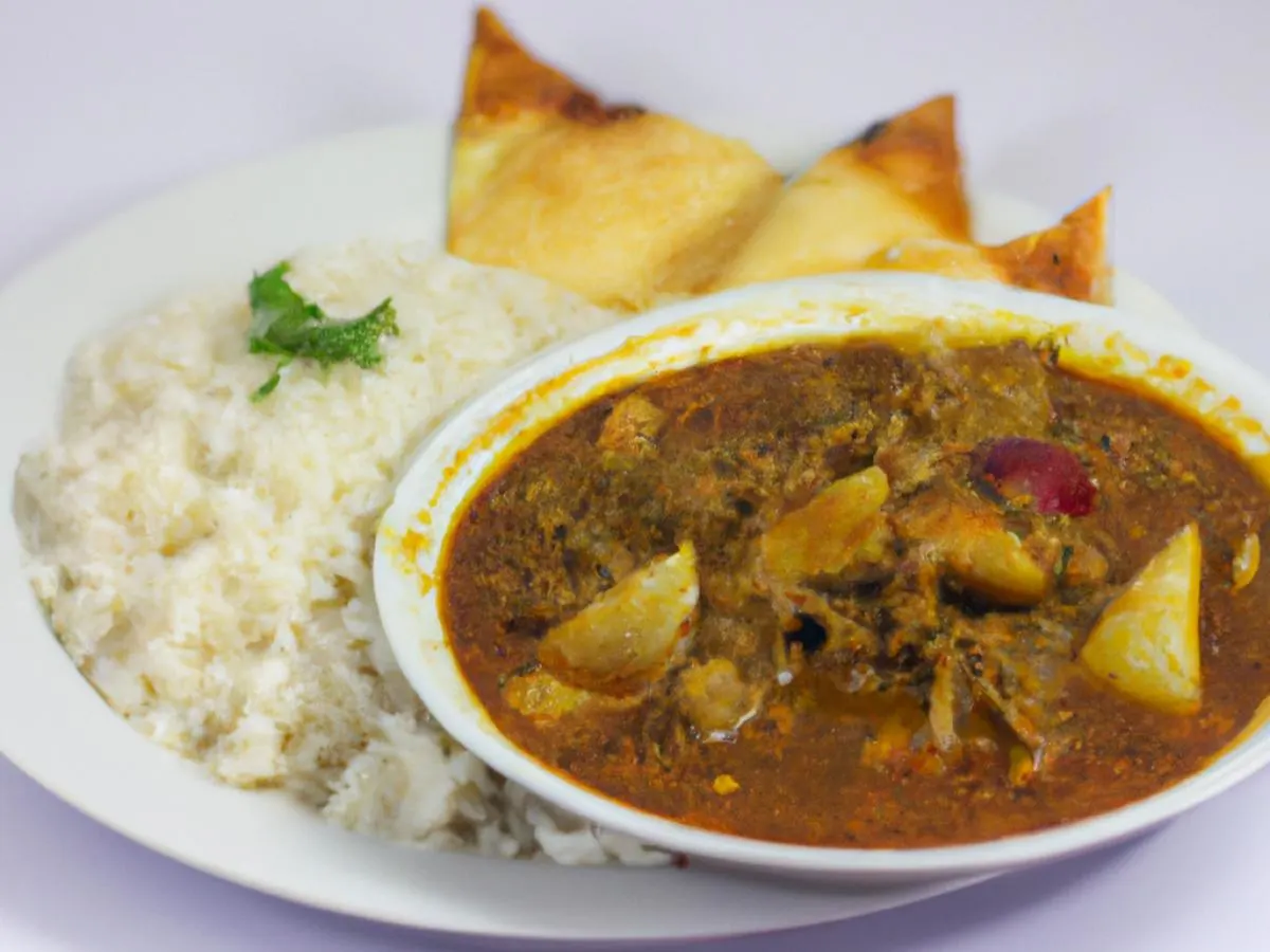 Goat Curry, Steamed White Rice & Cocktail Samosa [16oz]