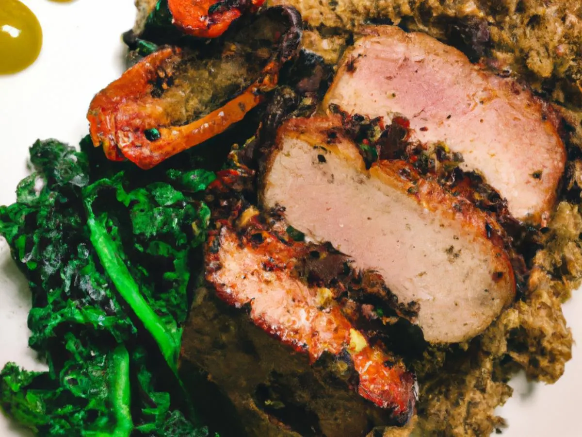 Adobo Encrusted Pork Loin, Sauteed Kale and Grilled Veggies Adobo Encrusted Pork Loin, Sauteed Kale and Grilled Veggies