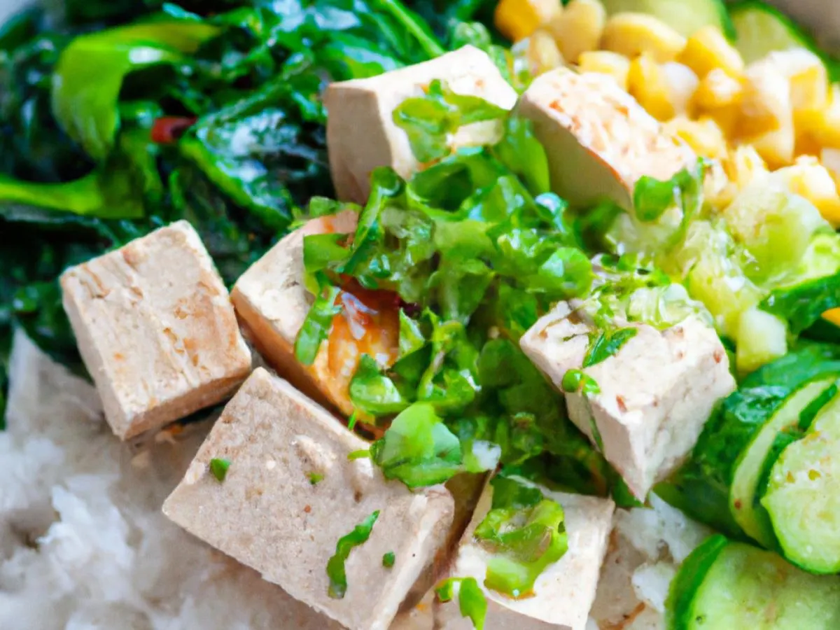 Regular Organic Tofu over White Rice with Cucumber, Cabbage, Blanched Kale, Sweet Corn, Green onion, Soft Tofu, and Shredded Nori Regular Organic Tofu over White Rice with Cucumber, Cabbage, Blanched Kale, Sweet Corn, Green onion, Soft Tofu, and Shredded Nori
