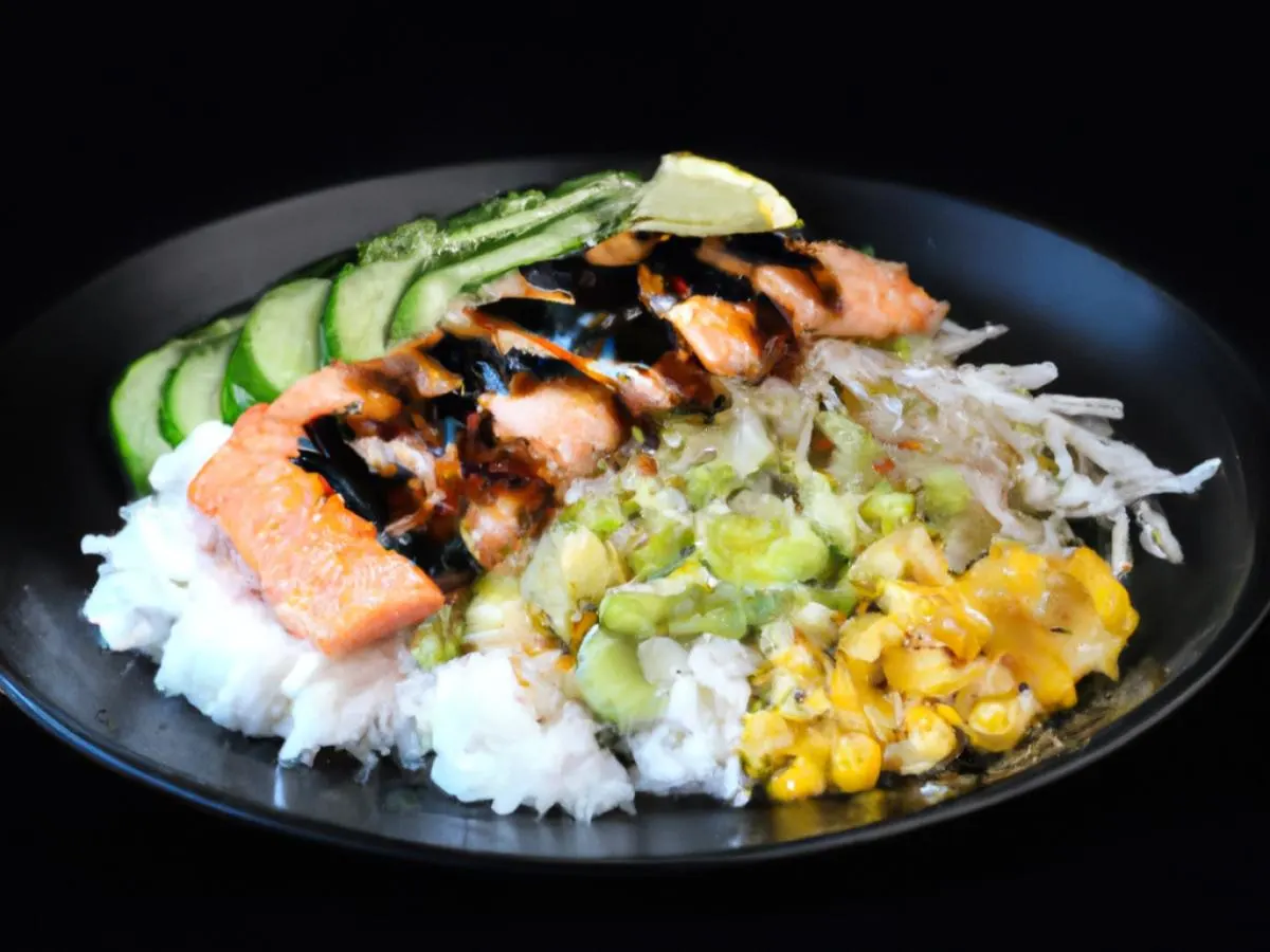 Regular Salmon over White Rice with Cucumber, Cabbage, Sweet Corn, Edamame, and Shredded Nori Regular Salmon over White Rice with Cucumber, Cabbage, Sweet Corn, Edamame, and Shredded Nori