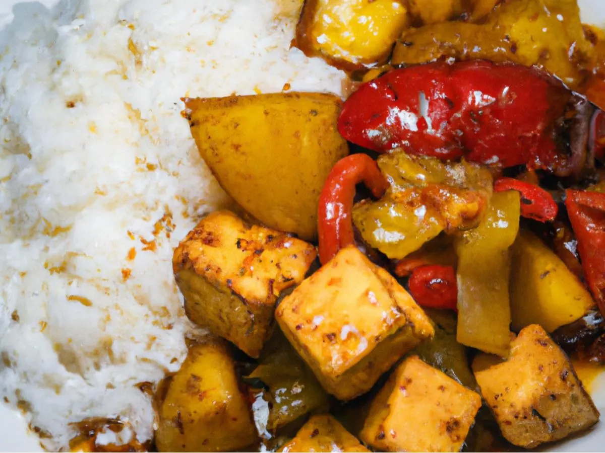 Kung Pao Tofu, White Rice and Potatoes with Peppers
