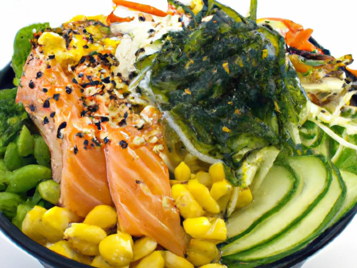 Large Salmon over Salad with Cucumber, Cabbage, Sweet Corn, Edamame, Seaweed Salad, and Shredded Nori Large Salmon over Salad with Cucumber, Cabbage, Sweet Corn, Edamame, Seaweed Salad, and Shredded Nori