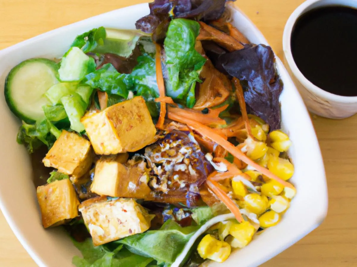 Vegan Marinated Tofu Mixed Green Salad Bowl with Mushroom Soy Sauce Vegan Marinated Tofu Mixed Green Salad Bowl with Mushroom Soy Sauce