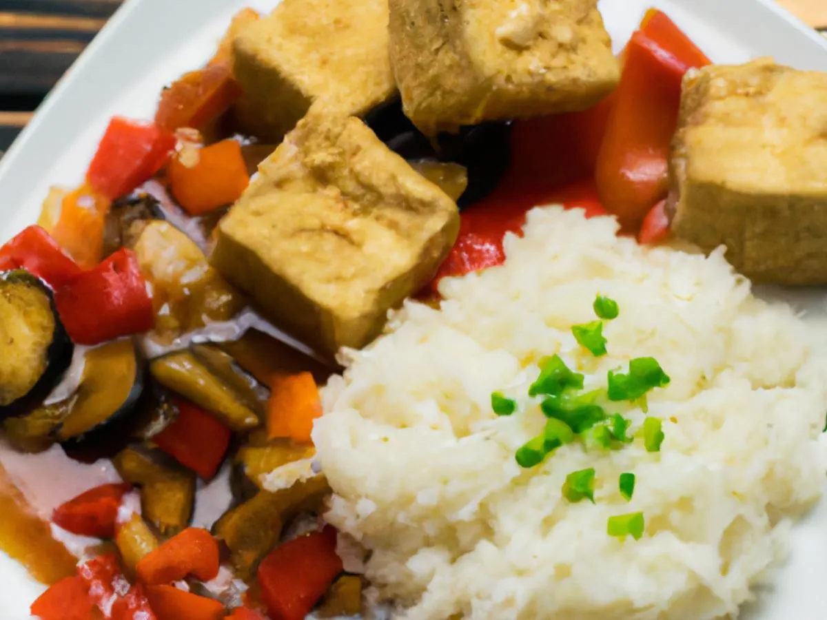 Crunchy Tofu in Sweet & Sour Sauce, Portobello Mushroom, Bell Pepper, White Rice