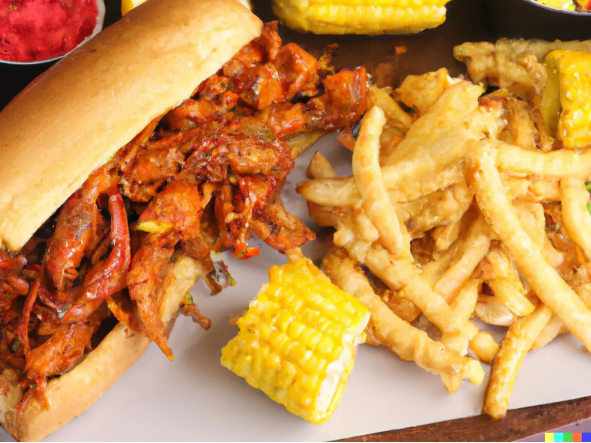 Fried Crawfish Po Boy with Cajun Fries and Corn on the Cob [16 oz]