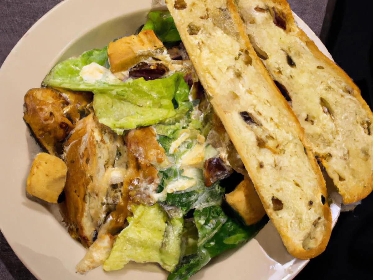 Chicken Caesar Salad with Bread and Chocolate Chip Cookie