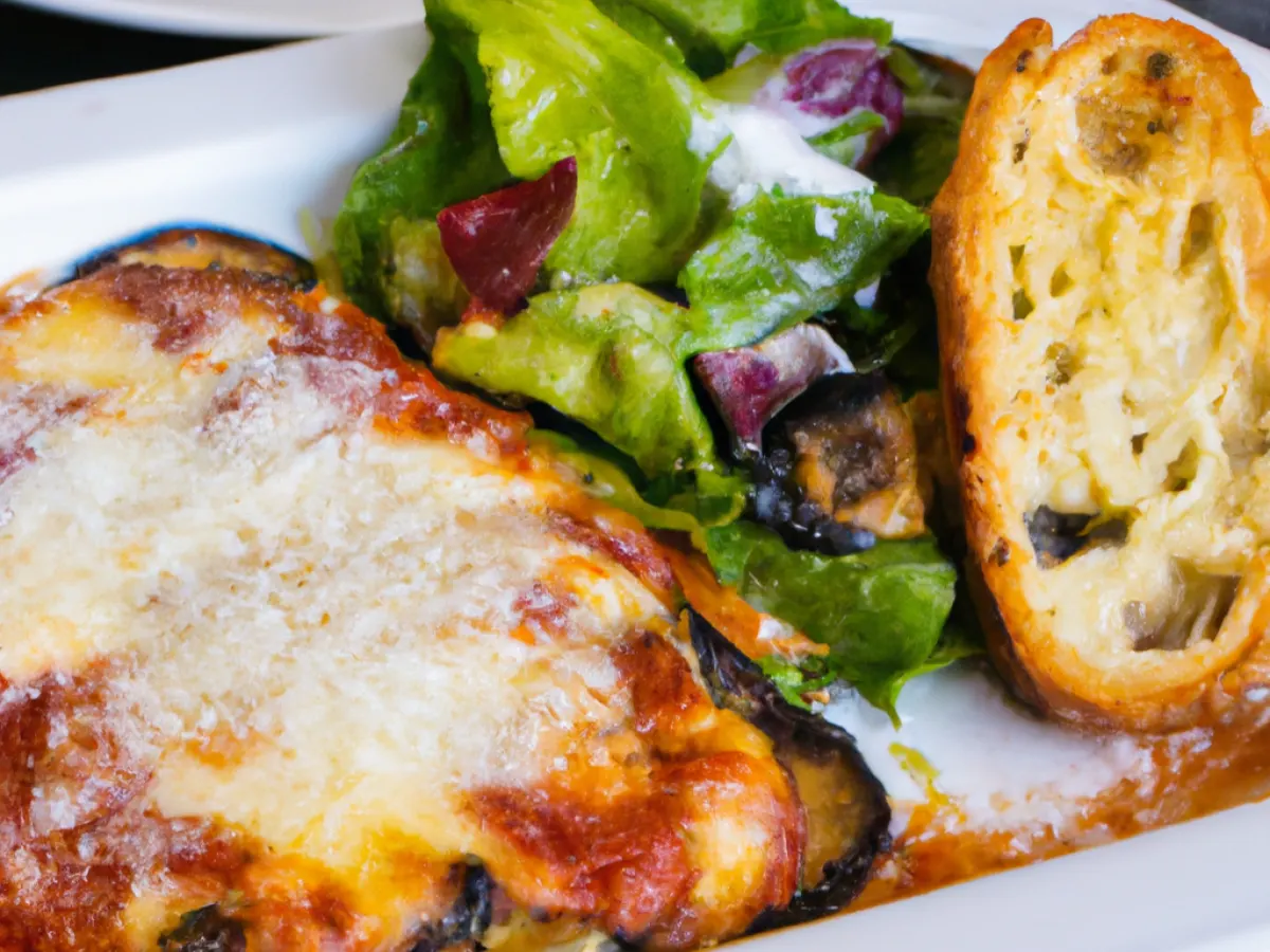 Eggplant Parm with Caesar Salad and French Bread Eggplant Parm with Caesar Salad and French Bread