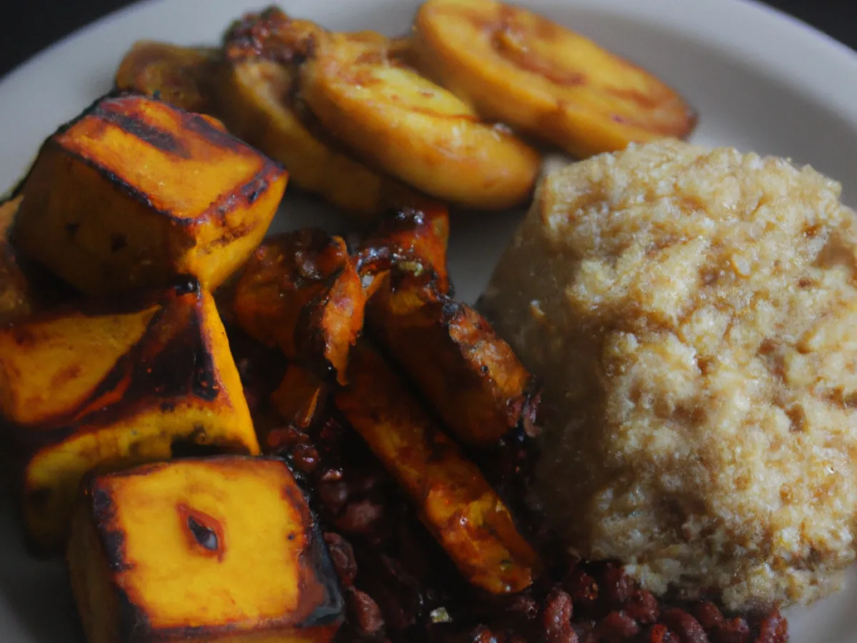 Ginger Turmeric BBQ Tofu, Rice & Beans, and Fried Plantains Ginger Turmeric BBQ Tofu, Rice & Beans, and Fried Plantains
