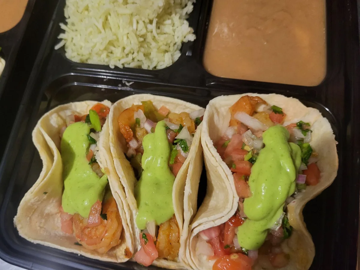Shrimp Fajita Corn Tortilla Tacos with Poblano Rice and Pinto Beans Shrimp Fajita Corn Tortilla Tacos with Poblano Rice and Pinto Beans