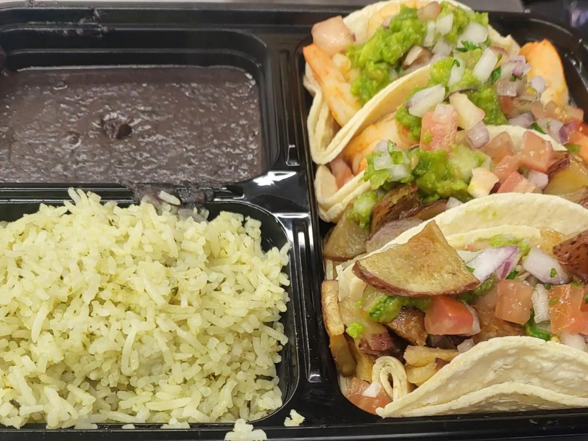 Dual Protein - Chorizo with Potato and Shrimp Corn Tacos & Poblano rice Dual Protein - Chorizo with Potato and Shrimp Corn Tacos & Poblano rice