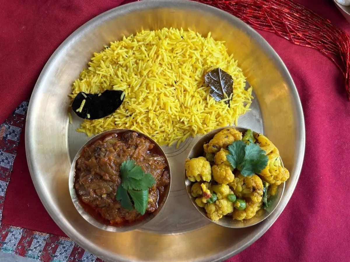 Baigun Bharta with Jeera Rice and Kauli Hariyo Kerau