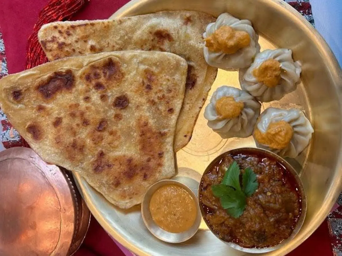 Baigun Bharta with Nepali Roti and Vegetarian Momo