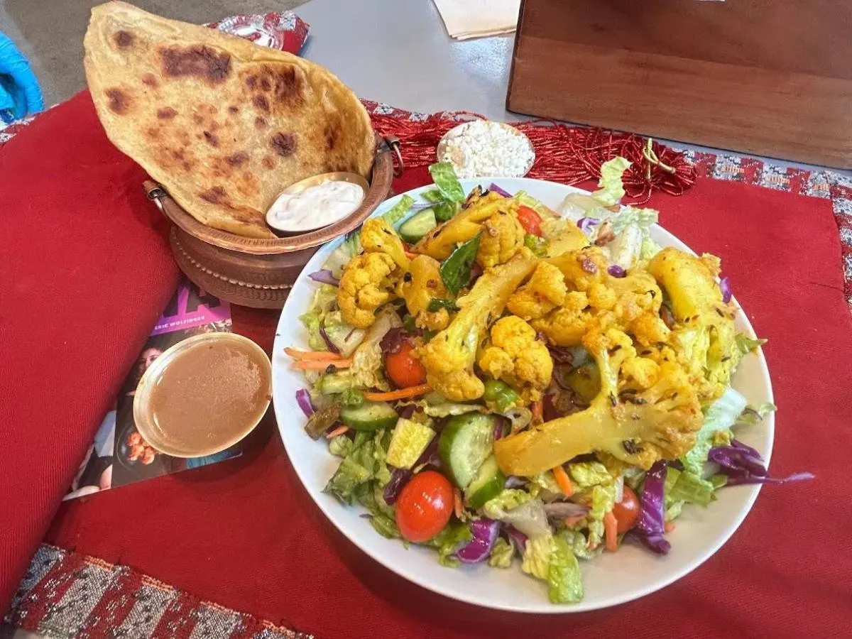 Kauli Hariyo Kerau Entree Salad with Roti and Raita. (Vegetarian)