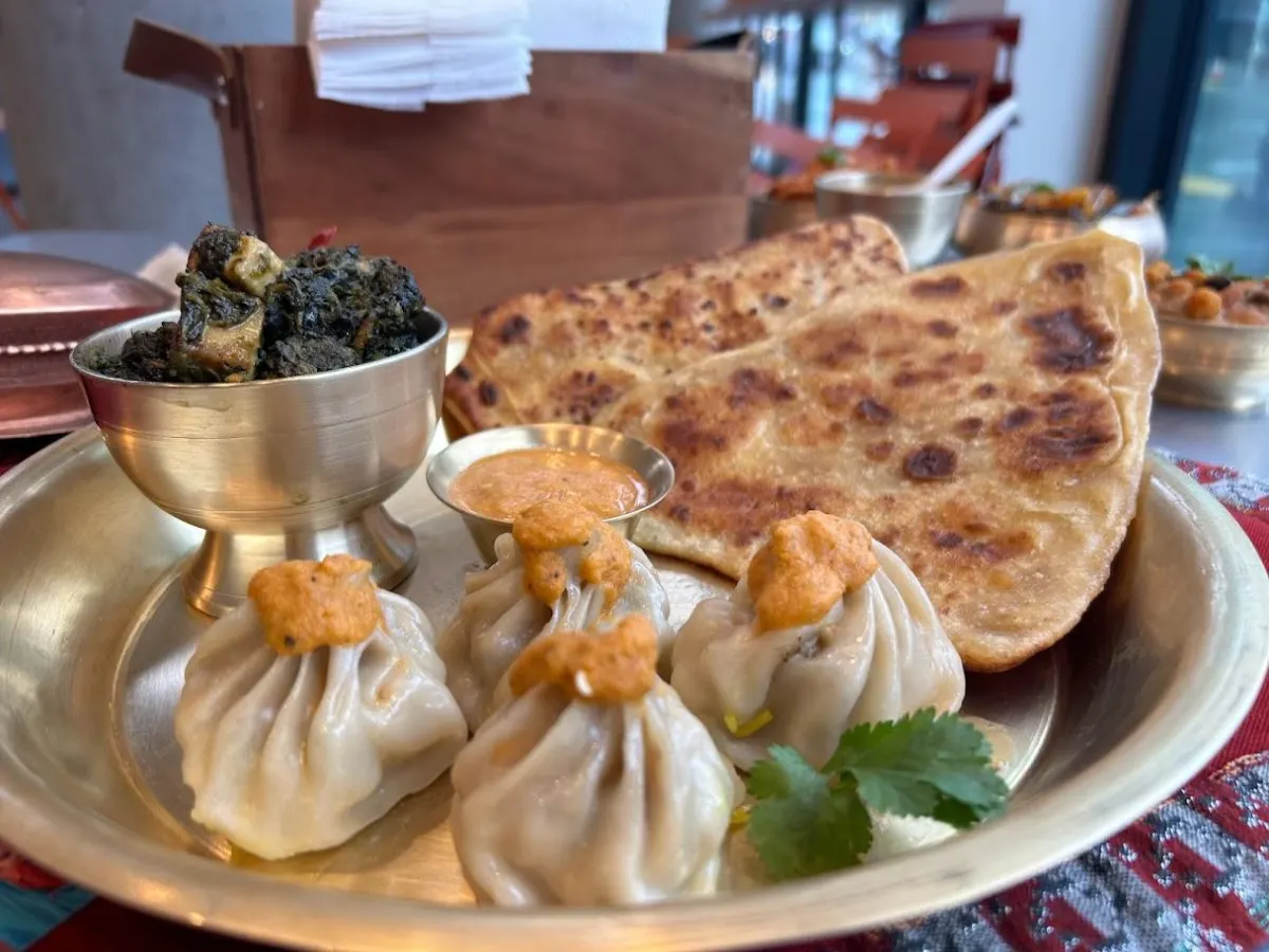Palungo Paneer with Nepali Roti and Vegetarian Momo