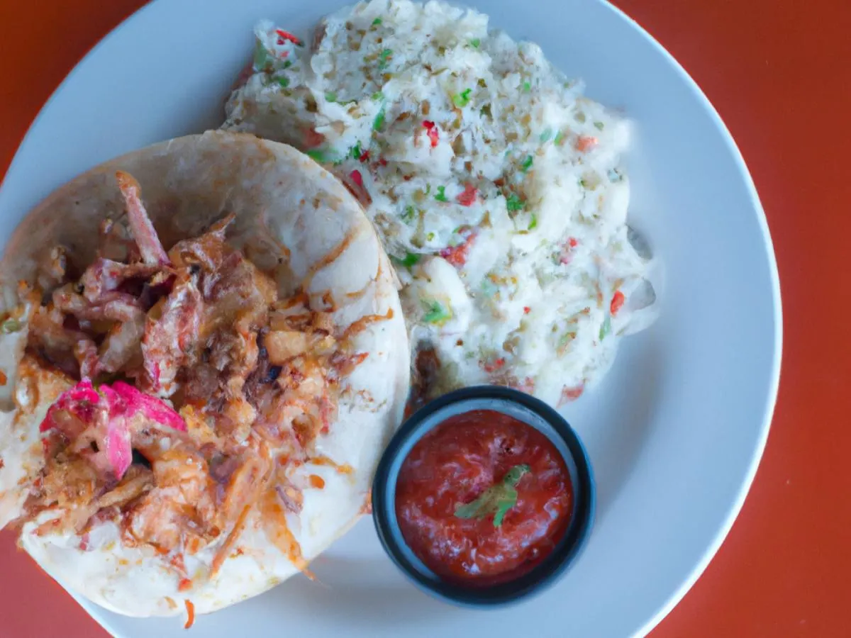 3 Smoked Pulled Pork Corn Tortilla Tacos with Mexican Rice, Spicy Corn Salsa, and Red Chili Sauce 3 Smoked Pulled Pork Corn Tortilla Tacos with Mexican Rice, Spicy Corn Salsa, and Red Chili Sauce