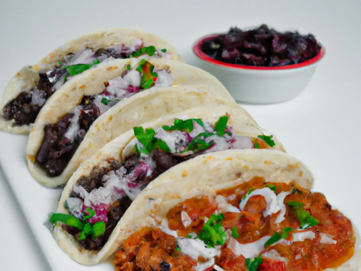 3 Smoked Pulled Pork Corn Tortilla Tacos with Mexican Rice, Black Beans, and Red Chili Sauce 3 Smoked Pulled Pork Corn Tortilla Tacos with Mexican Rice, Black Beans, and Red Chili Sauce