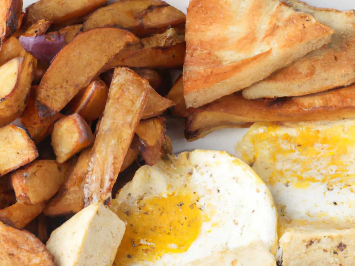 Eggs and Grilled Tofu Box with Fruits and Fries
