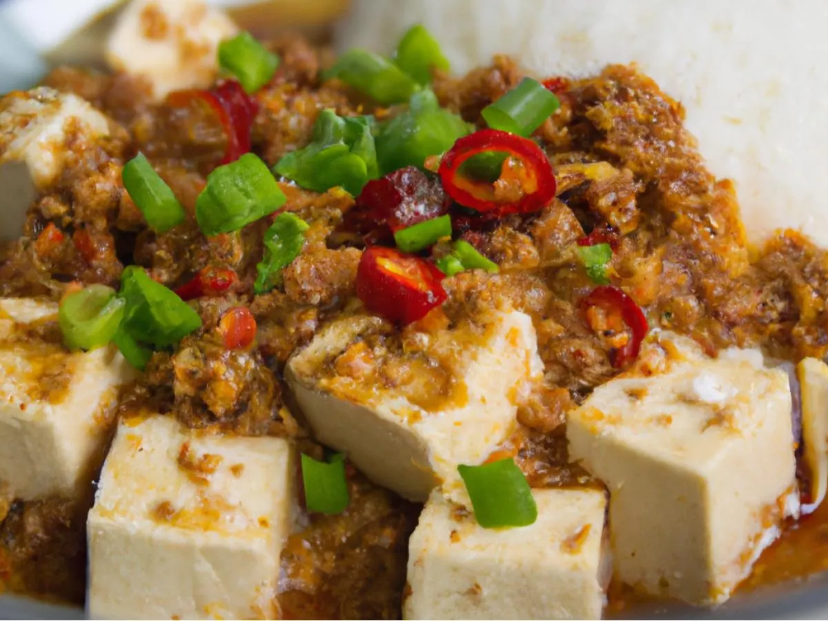 Szechuan Mapo Tofu with Minced Pork with Veggie Potstickers Szechuan Mapo Tofu with Minced Pork with Veggie Potstickers