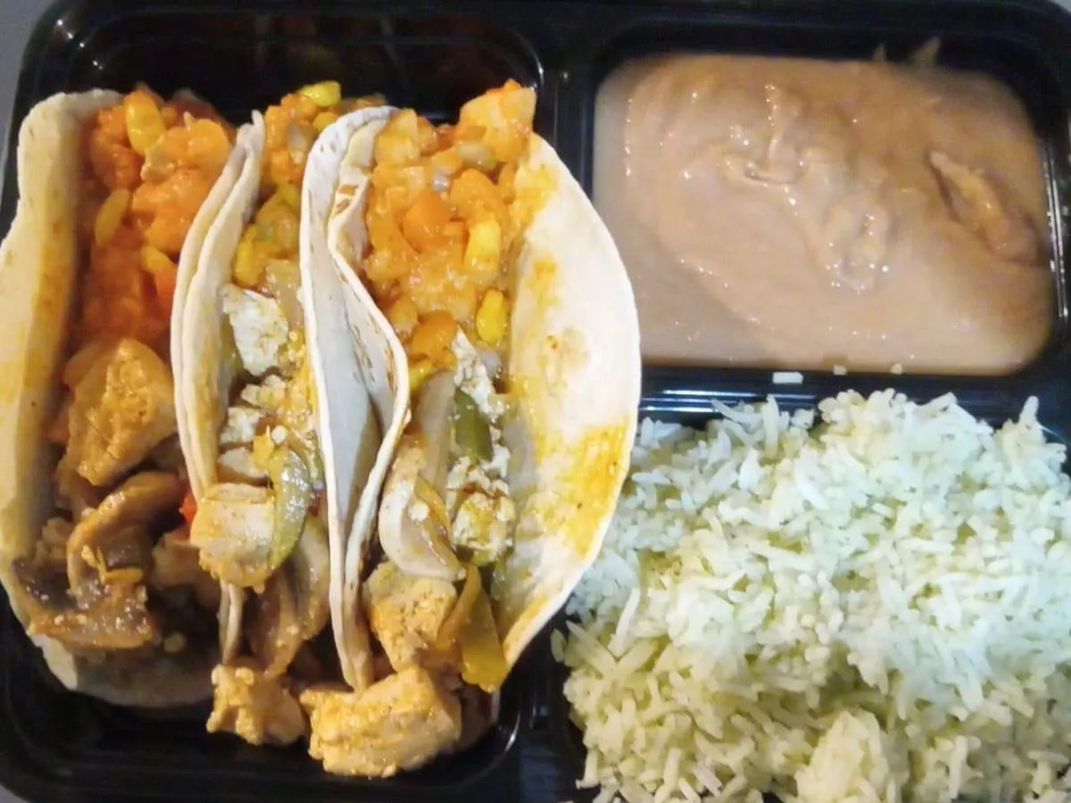 Dual Protein - Veggie Fajita and Scrambled Tofu Tacos & White Rice Dual Protein - Veggie Fajita and Scrambled Tofu Tacos & White Rice