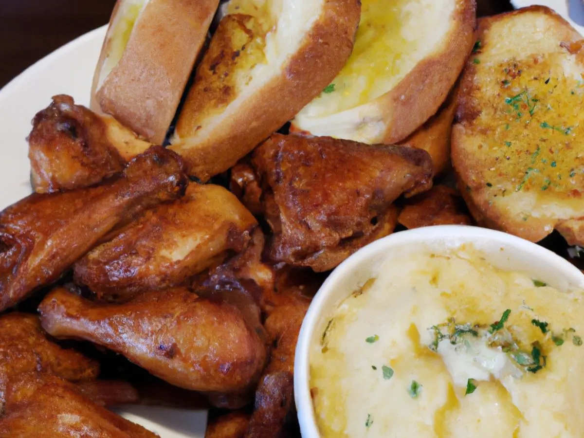 Smoked Wings with Cheesy Mashed Potatoes, Garlic Bread