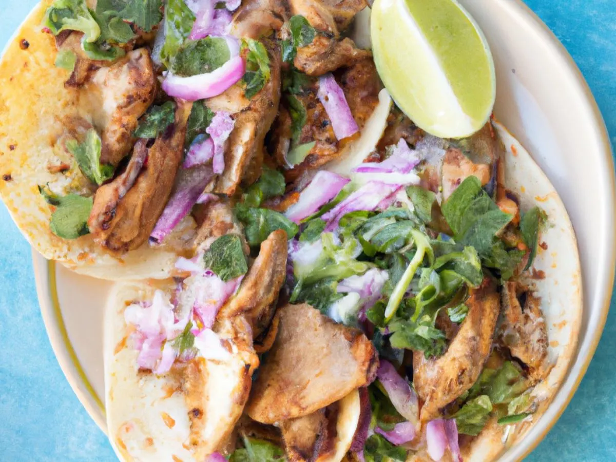 Pollo Asado Street Tacos with Refried Beans, Rice and Salsa