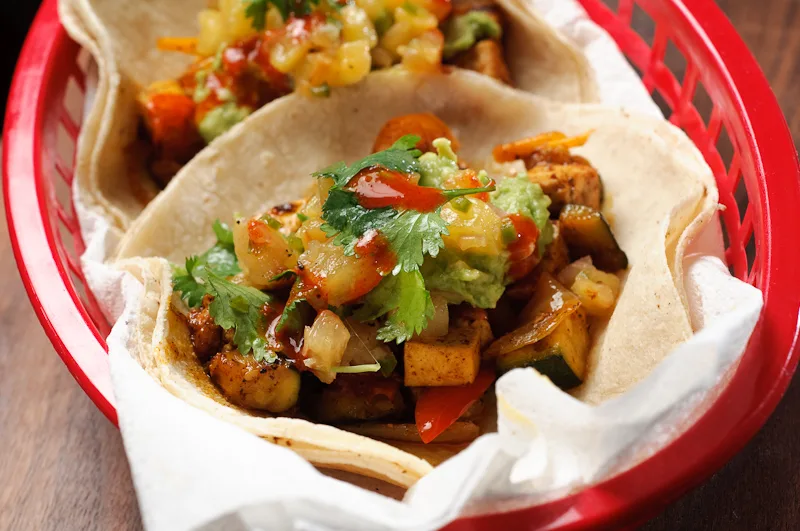 Vegan Tofu Veggie Street Tacos with Vegan Beans, Rice and Salsa
