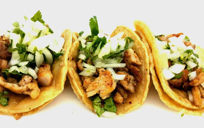 Pollo Asado Super Tacos with Refried Beans, Rice and Salsa