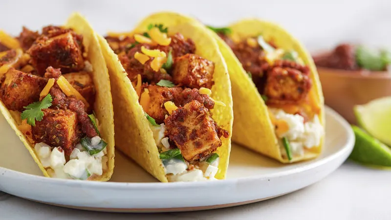 Vegetarian Tofu Veggie Super Tacos with Refried Beans, Rice and Salsa