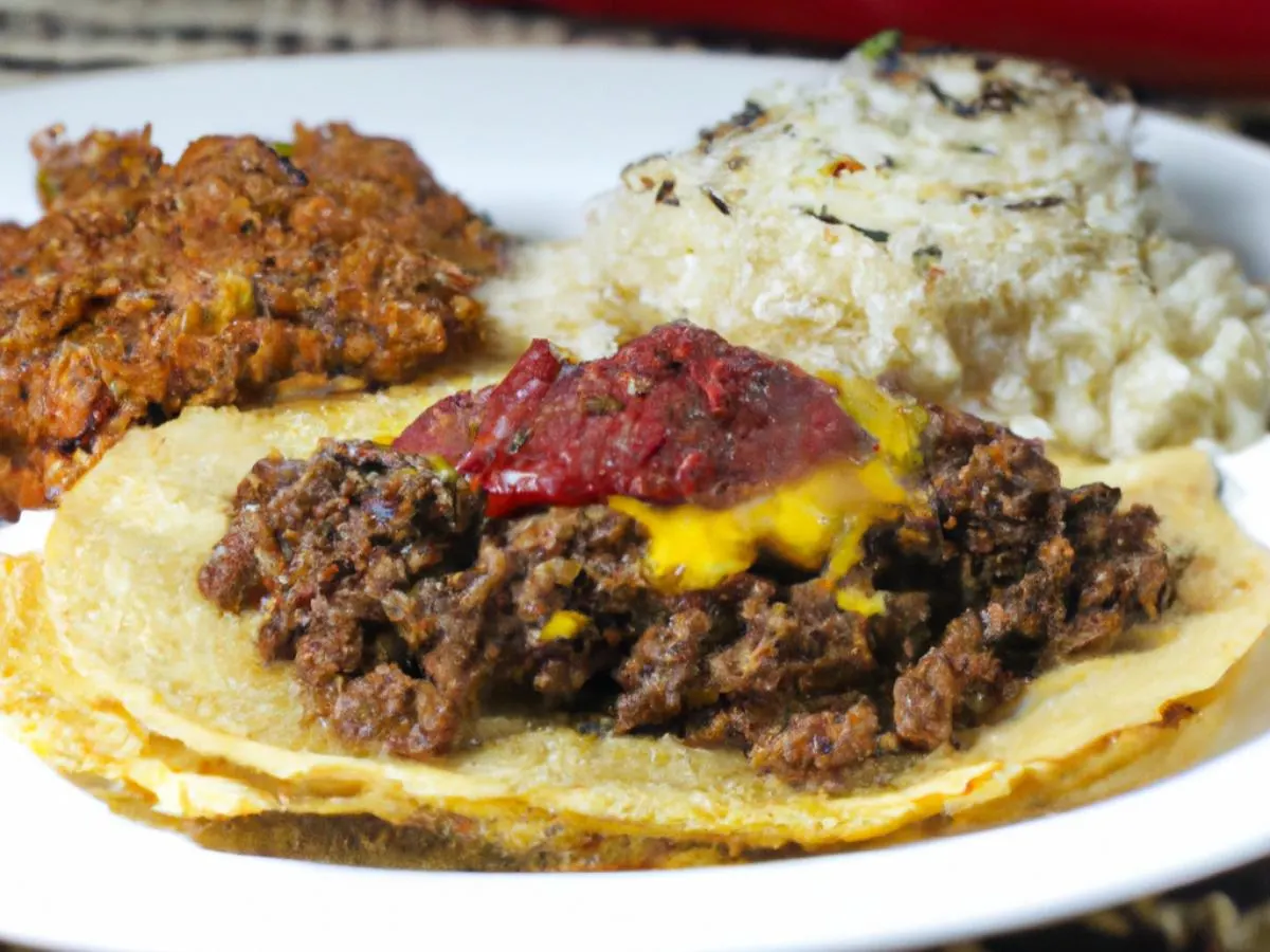 3 Ground Beef Corn Tortilla Tacos with Mexican Rice, Spicy Corn Salsa, and Red Chili Sauce 3 Ground Beef Corn Tortilla Tacos with Mexican Rice, Spicy Corn Salsa, and Red Chili Sauce