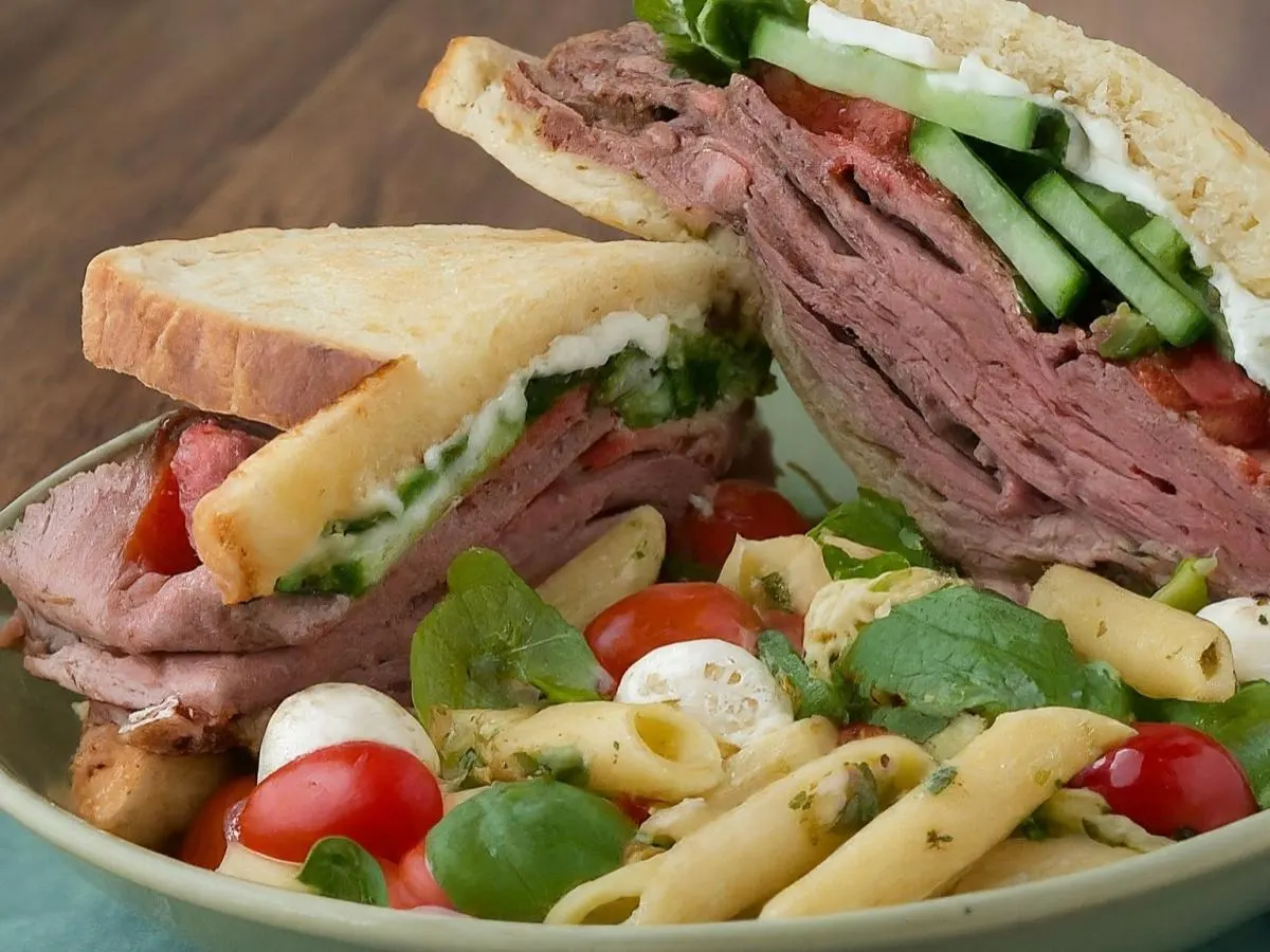 Creative Slow Roasted Rare Roast Beef Sandwich with Penne Mozzarella Sun-Dried Tomato Pasta Salad Creative Slow Roasted Rare Roast Beef Sandwich with Penne Mozzarella Sun-Dried Tomato Pasta Salad