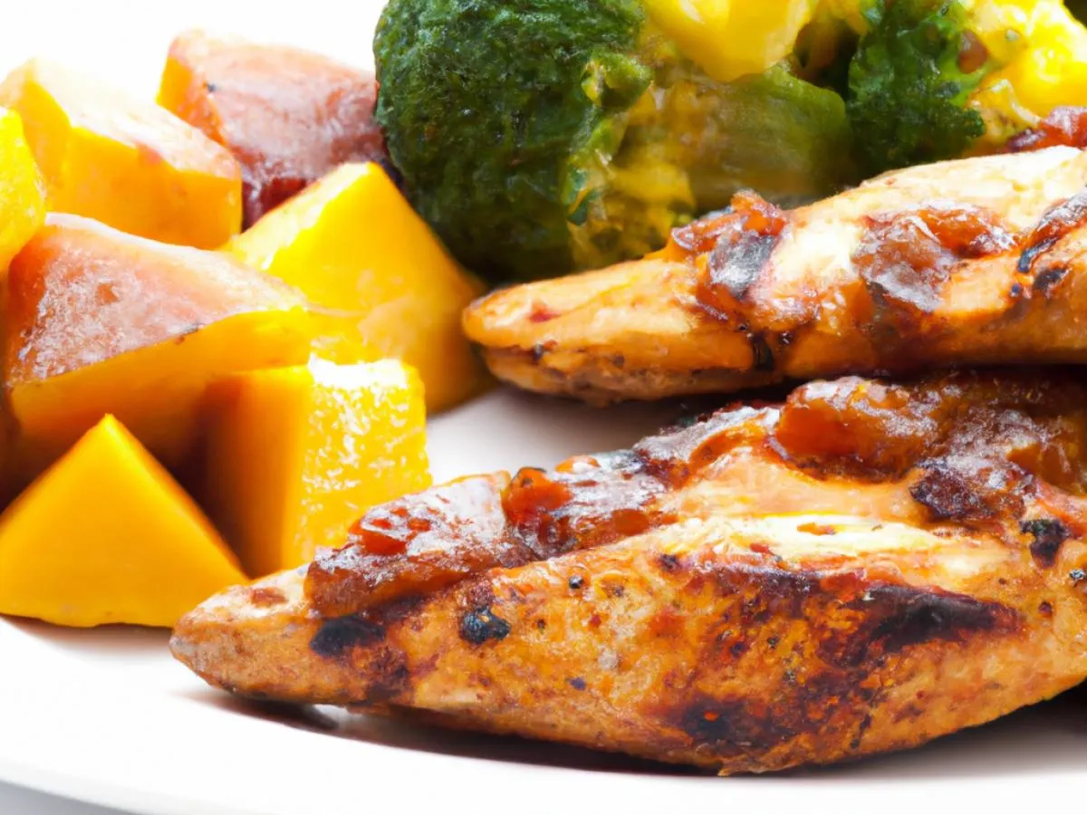 Mango BBQ Chicken with Herb Roasted Fingerling Potatoes and Broccoli Mango BBQ Chicken with Herb Roasted Fingerling Potatoes and Broccoli