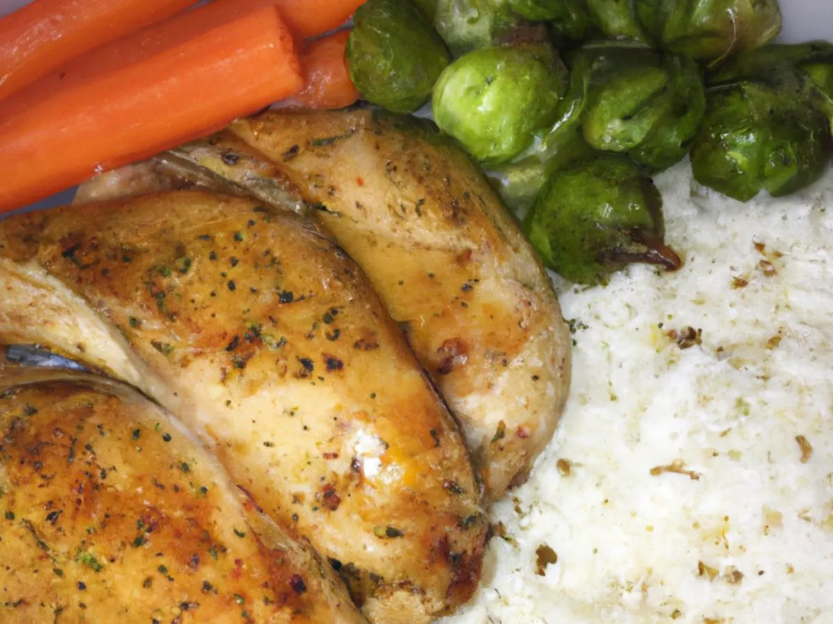 Quarter White with White Rice, Brussels Sprouts and Carrots Quarter White with White Rice, Brussels Sprouts and Carrots