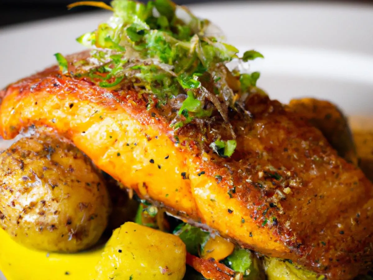 Seared Salmon Fillet with Roasted Veggies and Roasted Potatoes Seared Salmon Fillet with Roasted Veggies and Roasted Potatoes