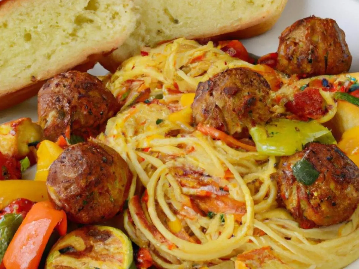 Spaghetti & Halal Certified Beef Meatballs, Roasted Vegetable & Garlic Bread