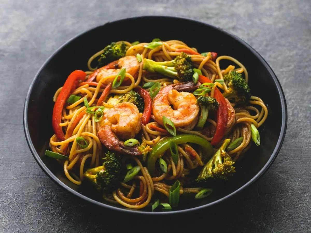 Prawns with Broccoli and Vegetable Chow Mein