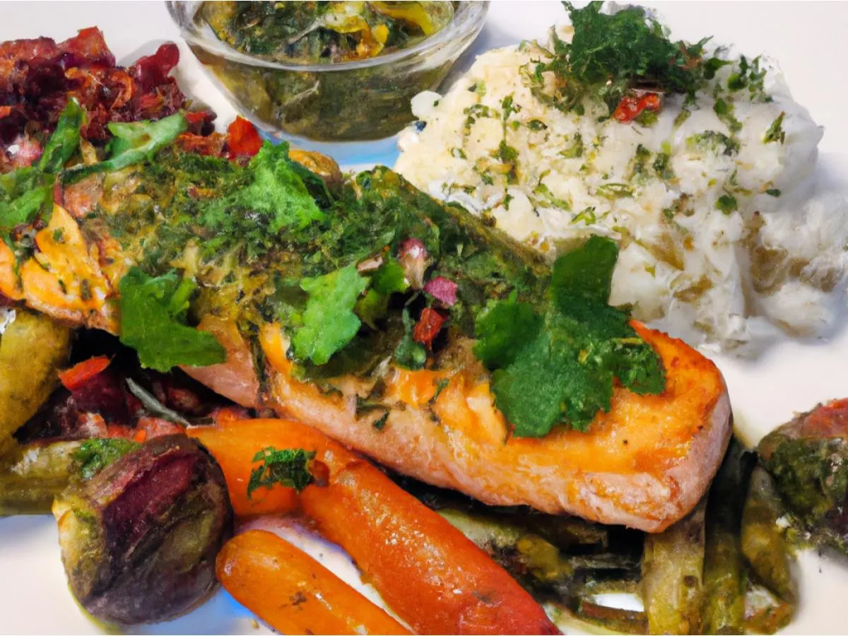Salmon, Roasted Veggies, Dill Rice and Chimichurri Plate