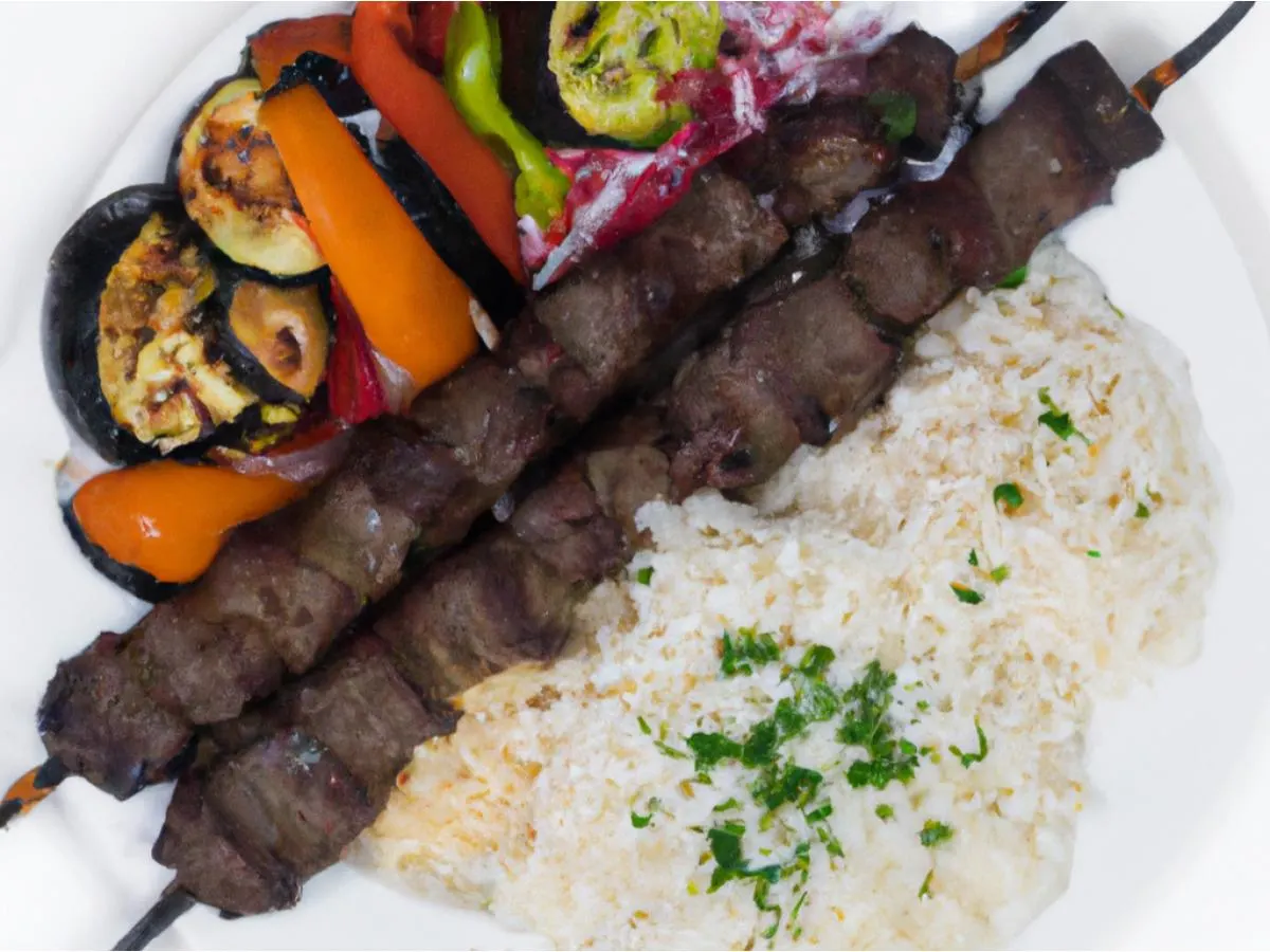 Beef Kabob, Grilled Veggies and Basmati Rice Plate