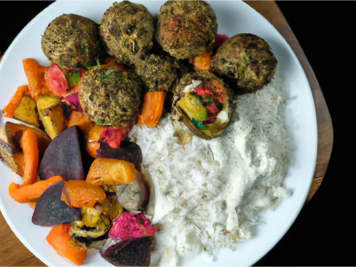 Falafel, Roasted Root Veggies and Basmati Rice Plate