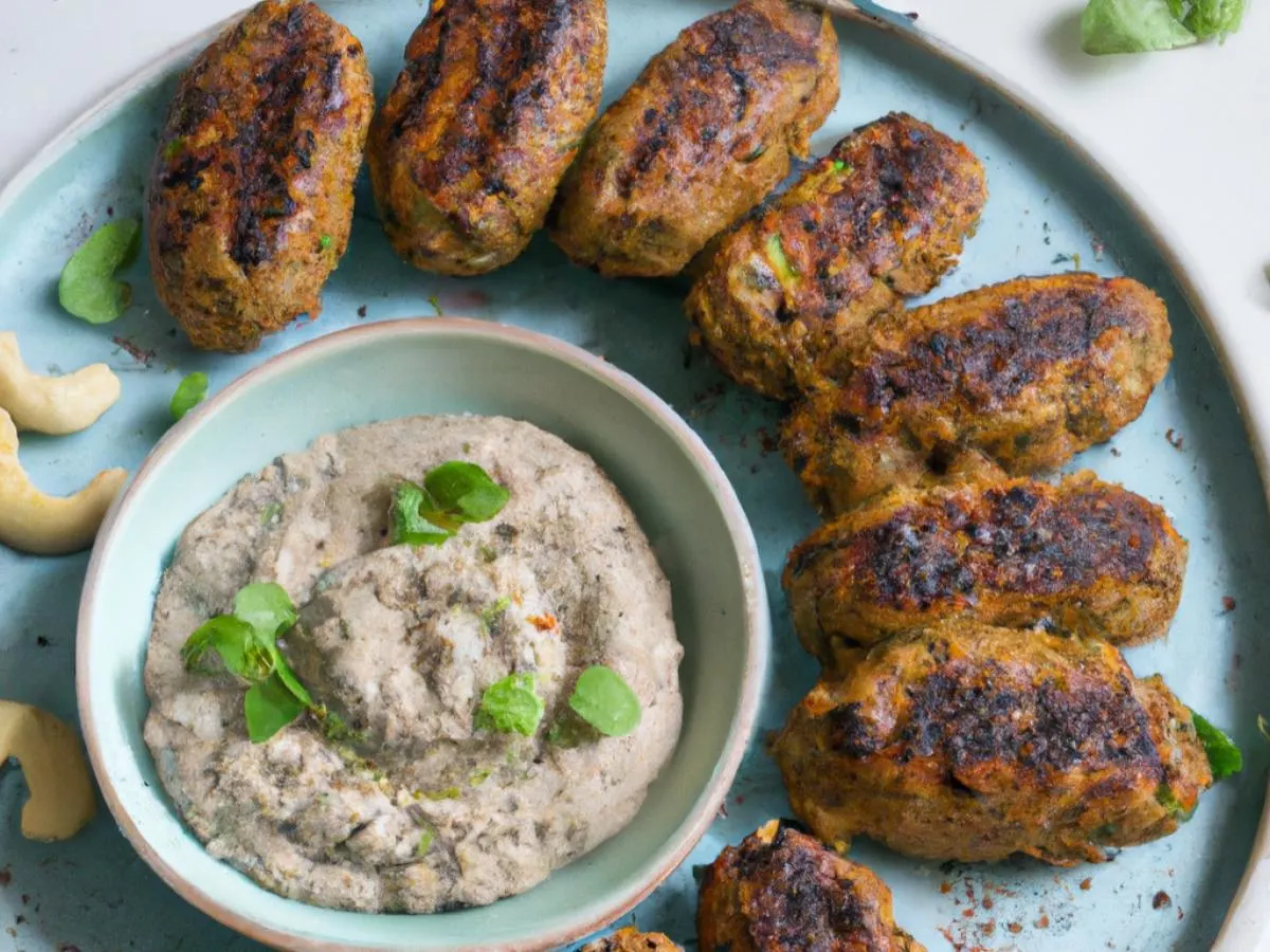 Vegan Impossible Meat Kefta Kebab with Cashew Yogurt Dip Vegan Impossible Meat Kefta Kebab with Cashew Yogurt Dip