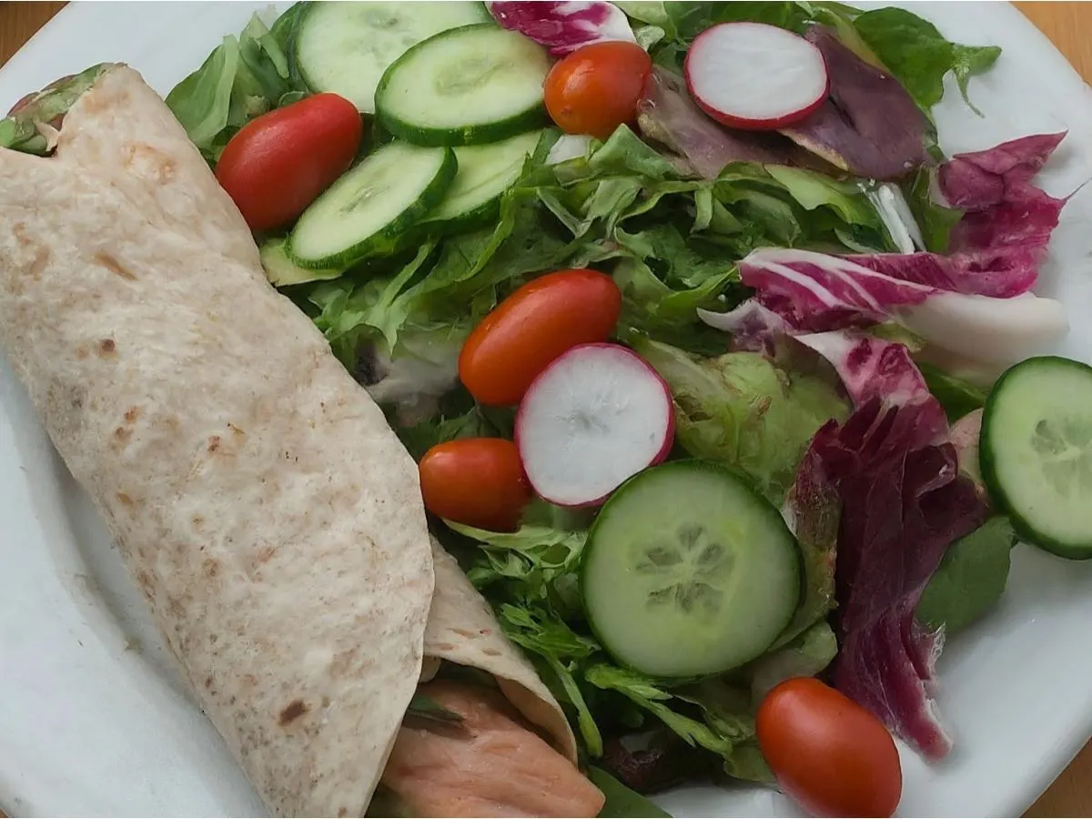 Grilled Salmon Wrap with Creative Mixed Greens Salad Grilled Salmon Wrap with Creative Mixed Greens Salad